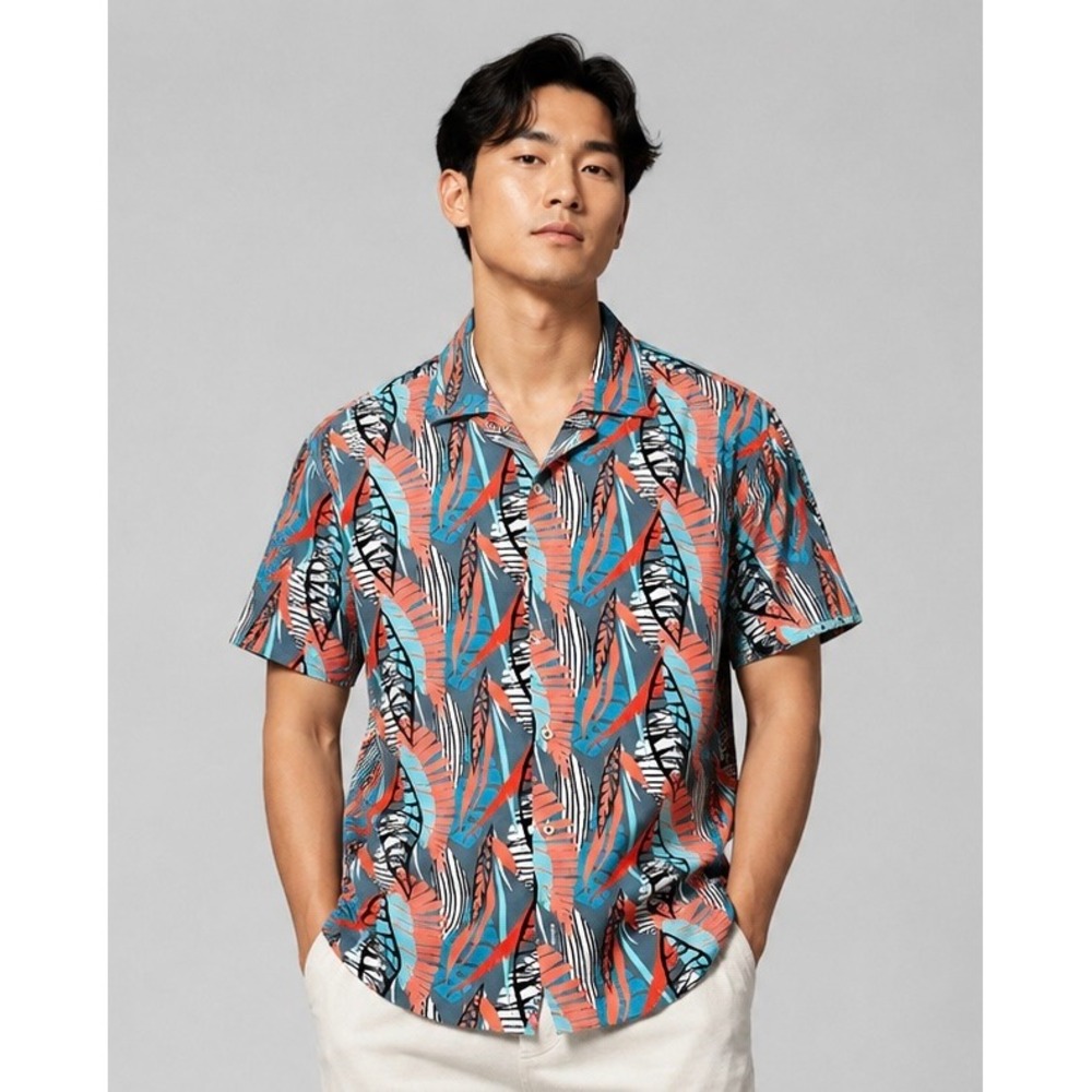 Deckmaster Mens Short Sleeve Tropical Leaf Print Camp Collar Button Down Shirt L
